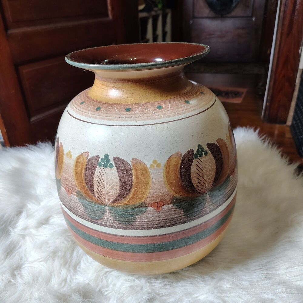 VTG Signed PORTA CELI Handpainted Pottery Vase 12" Spain Folk Style Floral Motif